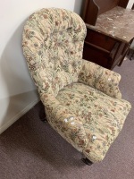 Antique Button Back Upholstered Armchair on Timber Legs with Original Brass Casters - As Is - 2