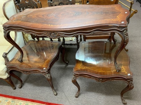 Pair of c1970's Carved Mahogany Lamp Tables with Marquettry Inlaid Top + Matching Coffee Table