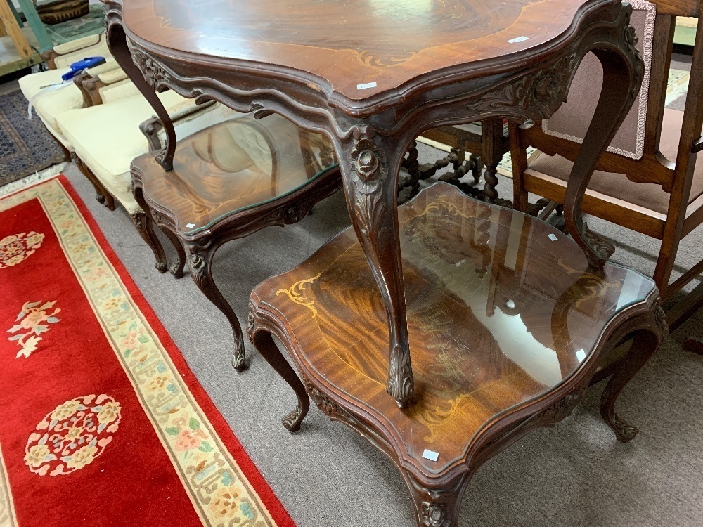 Pair of c1970's Carved Mahogany Lamp Tables with Marquettry Inlaid Top