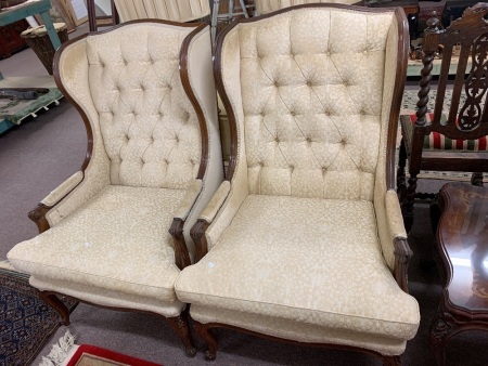 Pair of Mahogany Framed Button Back Upholstered Wing Back Chairs