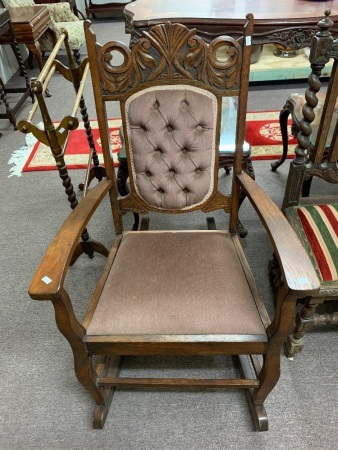 Antique Oak Rocking Chair with Carved Headreast and Button Back Upholstered Panel