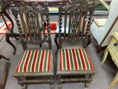 Pair of Antique Carved Oak Dining Chairs with Upholstered Seats & Barley Twist Supports and Stretchers