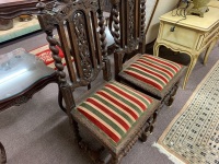 Pair of Antique Carved Oak Dining Chairs with Upholstered Seats & Barley Twist Supports and Stretchers - 3