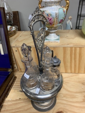 Antique Silver Plated Table Cruet with 5 Etched Glass Bottles