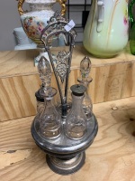 Antique Silver Plated Table Cruet with 5 Etched Glass Bottles - 2