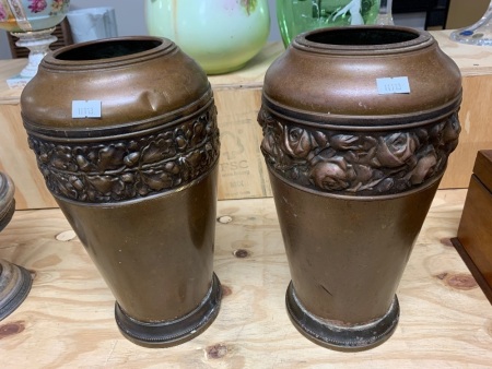 Pair of Large Vintage Halah Ware Solid Brass Vases - 1 With Pressed Roses 1 with Oak & Acorn Motifs