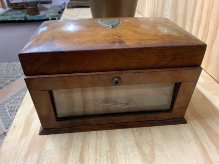 Antique Victorian Walnut Jewllery/Dressing Box with Lined Interior, 2 Cut Glass Perfume Bottles and Glazed Drop Down Front Cover