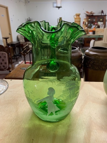 Large Antique Green Mary Gregory Glass Jug with Ruffled Rim