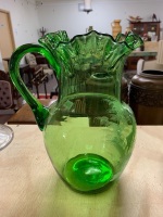 Large Antique Green Mary Gregory Glass Jug with Ruffled Rim - 2