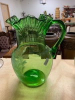 Large Antique Green Mary Gregory Glass Jug with Ruffled Rim - 3
