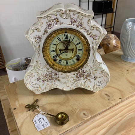 19th Century Ansonia Ceramic Mantle Clock with Brass Mounts & Enamel Dial