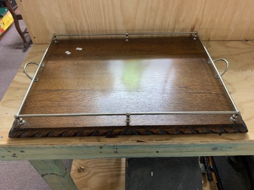 Large Vintage Oak Drinks Tray with Chromed Handles and Rails