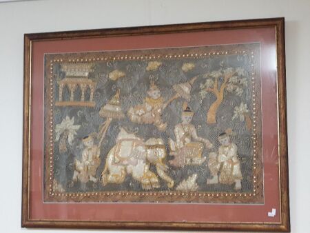 Large Vintage Framed Burmese Elephant Scene Embroidery