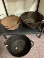 3 Cast Iron Camp Ovens - 2 Without Lids - 2