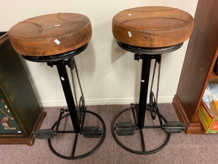 Pair of Wrought Iron Bicycle Style Bar Stools with Leather Seats