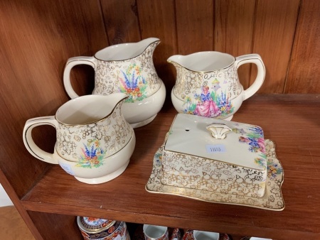 Set 3 Vintage Graduated Staffs Potteries Tunstall Jugs + Matching Butter Dish