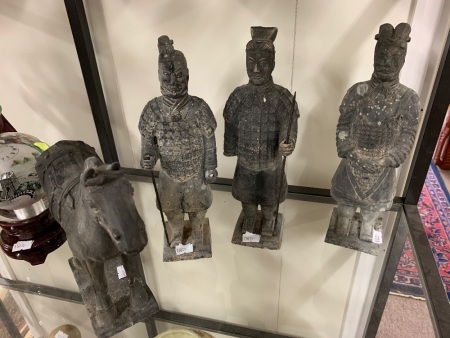 3 Vintage Chinese Terracotta Warriors + Horse