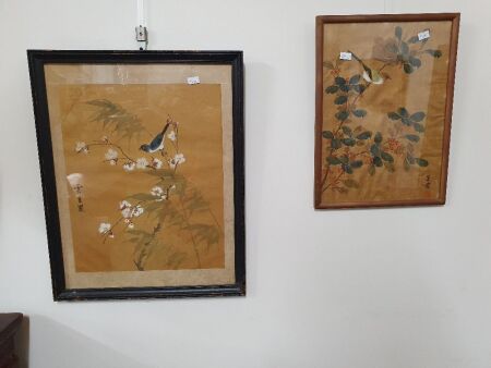 2 Antique Framed & Signed Asian Bird Paintings - 1 on Silk 1 on Paper