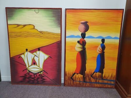 2 Original Framed Vibrant African Paintings on Bark/Timber