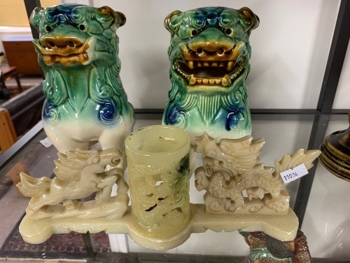 Pair of Ceramic Temple Foo Dogs + Carved Horse & Dragon Pen Pot