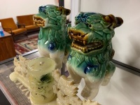 Pair of Ceramic Temple Foo Dogs + Carved Horse & Dragon Pen Pot - 3