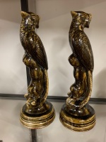 Pair of Tall Glazed Pottery Parrot Figures - Impressed Makers Mark to Bottom - 2