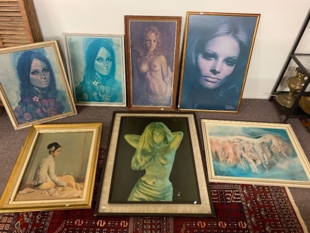 7 Large Mid Century Framed Prints - Mainly Girls - Some As Is
