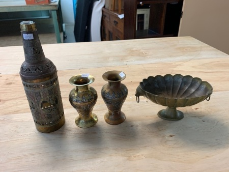 Asstd Lot of Vintage Brass inc. Lions Head Shell Dish, Pierced Bottle Cover + 2 Arabic Vases