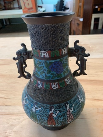 Antique Incised Bronze 2 Dragon Handled Vase with Part Enamelling