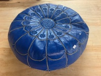 Blue Leather Moroccan Style Pouffe - 3