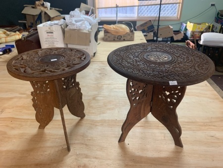 2 Carved Indian Sandalwood Folding Lamp Tables