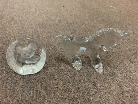 Swedish Crystal Koala Paperweight Signed Mats Jonasson + Unsigned Swedish Donkey Paperweight