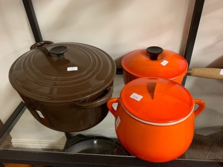 Vintage Brown Le Creuset Caserole (As Is) + Le Crueset Timber Handled Saucepan and Cousances Lidded Pot