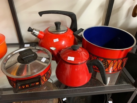 4 Pieces of Red Enamel Kitchenware inc. 2 with Vintage W.German Design