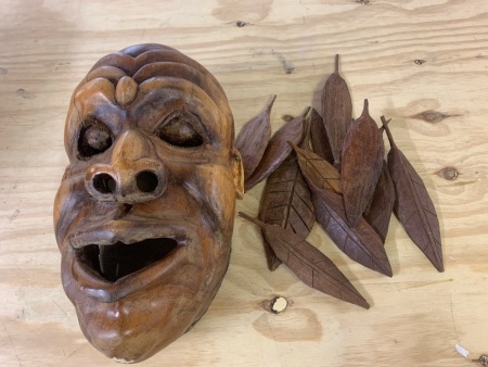 Large West African Hand Carved Mask with Carved Feathers for Head Dress