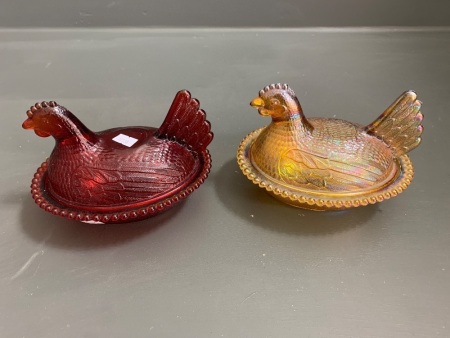 2 Small Vintage Glass Chook Nests - 1 Ruby 1 Marigold Carnival