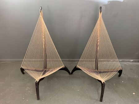 Pair of Rare Original Danish 1968 Black Lacquered Ash Wood & Rope Harp Chairs by Jorgen Hovelskov