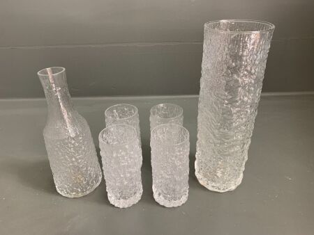 Asstd Lot of Vintage Whitefriars Glass inx. 4 Hi-Ball Glasses, Water Carafe & Tall Vase