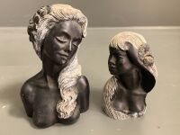 2 Hand Carved Black Coral Hawaiin Beauties by Frank Schirman - Melia & Laka c1959