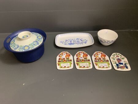Asstd Lot of Turi Design Lotte Norwegian Pottery inc. Tureen, Platter, 4 x Drinks Mats & Small Bowl