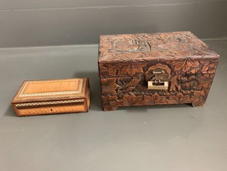 Carved Chinese Jewellery Box with Lock + Smaller Arabic Carved & Inlaid Jewellery Box