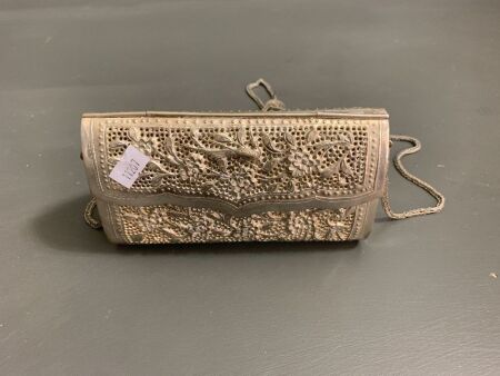 Small Nickel Silver Evening Bag with Chain Strap and Pierced Decoration