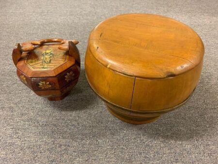 Round Timber Chinese Brass Banded Storage Pot + Smaller Octagonal Wire Banded Pot with Handle and Gilt Decoration