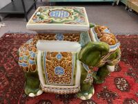 Large Glazed Ceramic Elephant Stool / Plant Stand in Green