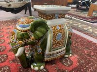 Large Glazed Ceramic Elephant Stool / Plant Stand in Green - 2