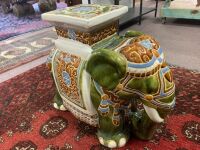 Large Glazed Ceramic Elephant Stool / Plant Stand in Green - 3