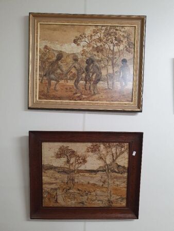 2 Vintage Framed Behind Glass Original Bark Pictures - Top One is Brolga Craine Dance by Del Dale