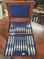 Antique 12 Sitting Cutlery Set with Twisted Shell Handles and Silver Mounts in 2 Tray Mahogany Box