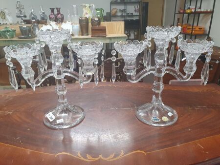 Pair of Vintage Bohemian Crystal 3 Branch Candleabras