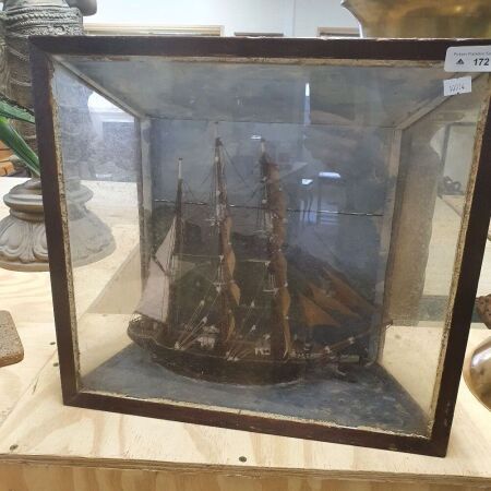 Antique Timber Glazed Diorama of the 3 Masted Steel Sailing Ship Penang